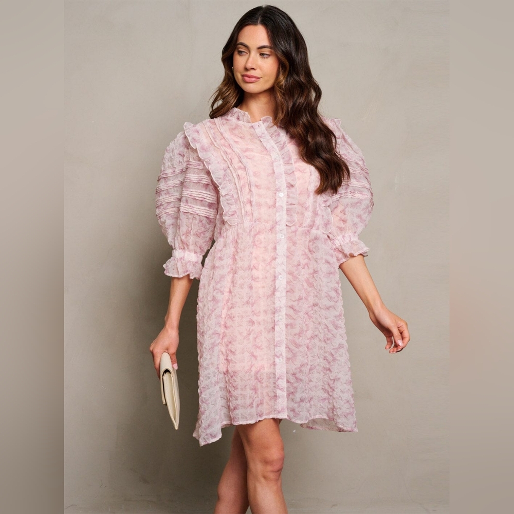 Bella Pink Floral Mini Dress 3/4 Puff Sleeve Coquette Various Sizes Available